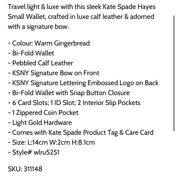 NWT Kate Spade Hayes Small Wallet in Warm Gingerbread brown leather Red - Picture 8 of 14